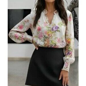 Antropologie Bailey 44 Floral bishop sleeve button front top size M